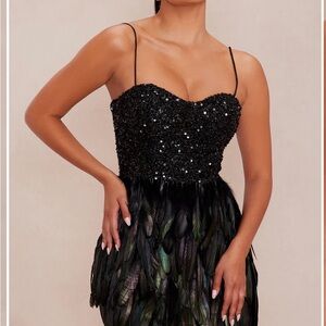 Fashion Nova Bella Sequin Feathered Mini Dress Black